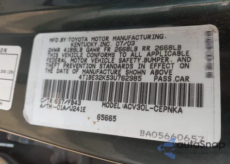 2003 Toyota Camry Le from USA, damaged, VIN 4T1BE32K53U762985